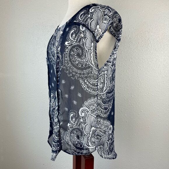 A.N.A. Navy Blue Sheer Paisley Top Size L EUC - Picture 3 of 5